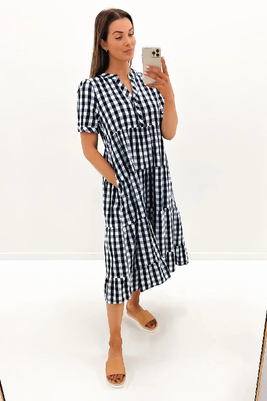 Elena Midi Dress Navy Check Stylish Color Block Midi Dress