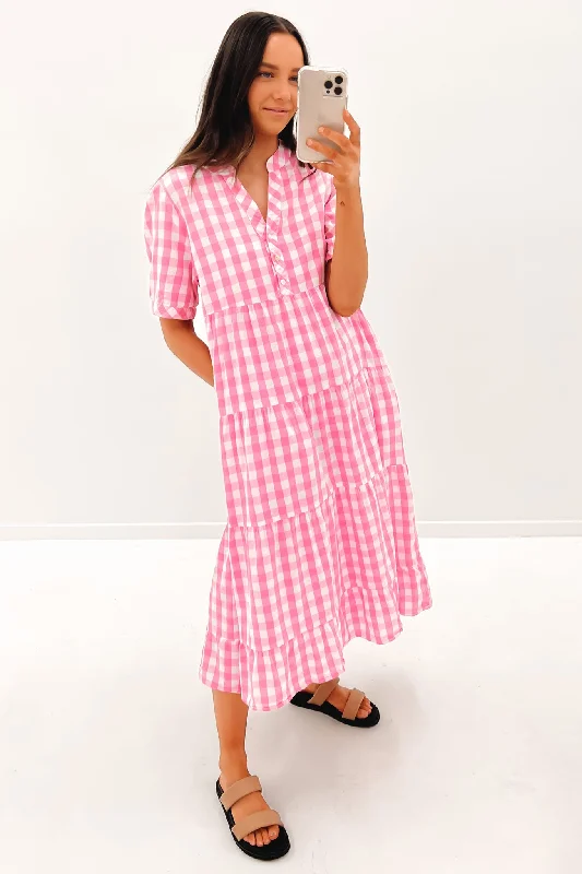 Elena Midi Dress Pink Check Stylish Button-Up Midi Dress