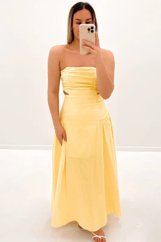 Elio Midi Dress Yellow Stylish Cold Shoulder Midi Dress
