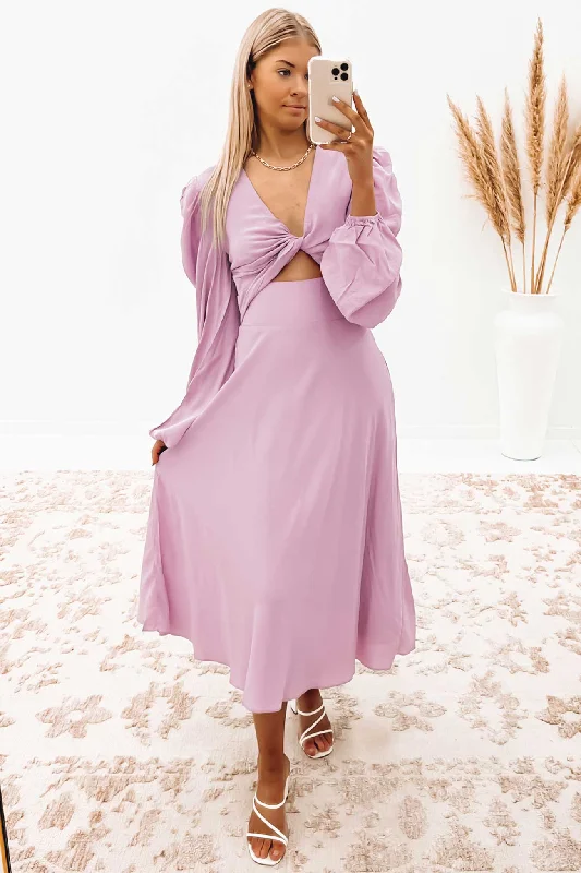 Emily Twist Midi Dress Lilac Chic Lace Detail Midi Dress