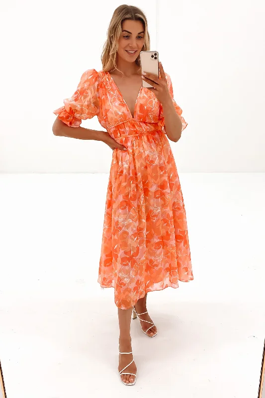 Emmie Midi Dress Orange Floral Stylish Halter Neck Midi Dress