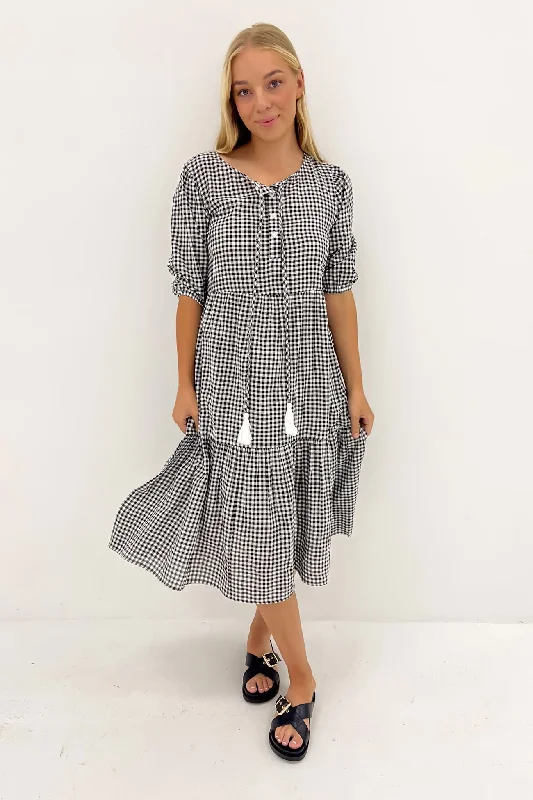 Eydie Midi Dress Black Gingham Chic Floral Print Midi Dress