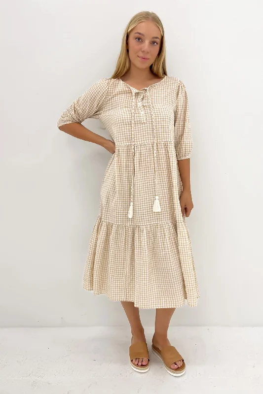 Eydie Midi Dress Latte Gingham Stylish Off-Shoulder Ruffle Dress