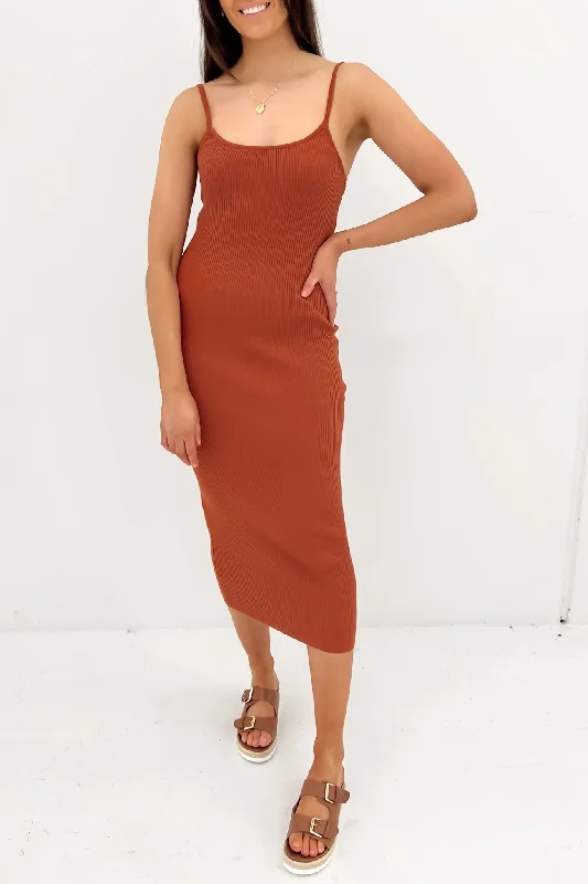 Greta Knit Midi Dress Rust Fashionable Shift Midi Dress