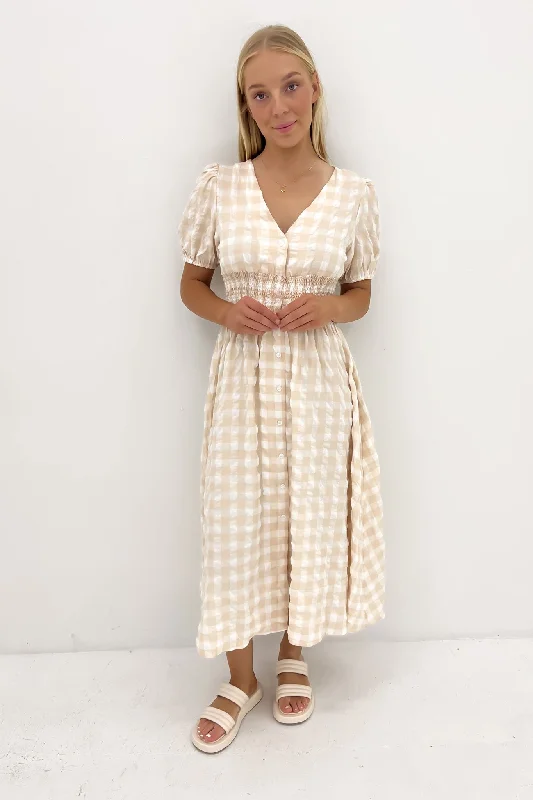 Hadley Midi Dress Latte Gingham Trendy Floral Wrap Midi Dress