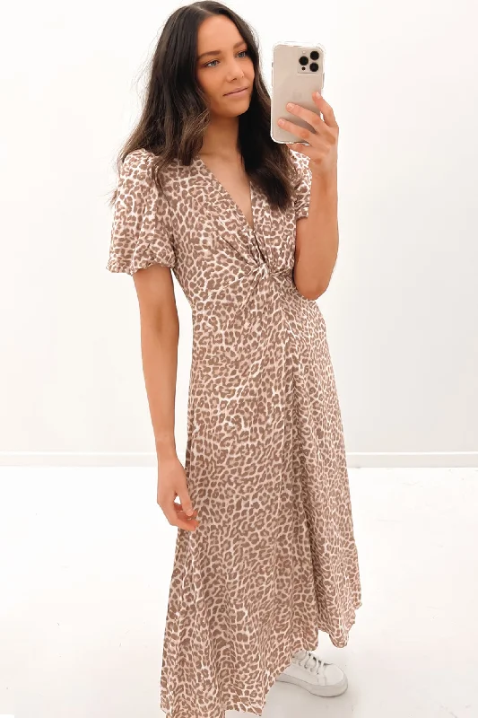 Halli Midi Dress Leopard Trendy Off-Shoulder Button Midi Dress