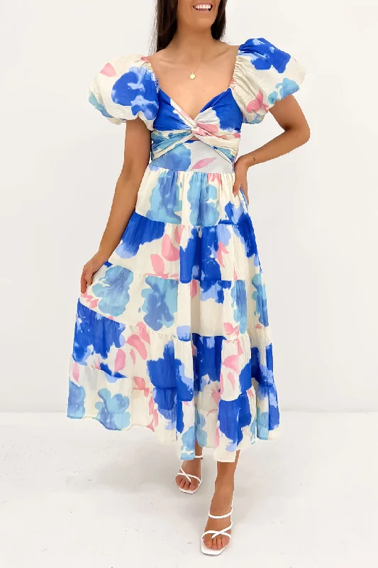 Harriette Midi Dress Blue Pink Floral Trendy Fit-and-Flare Midi Dress