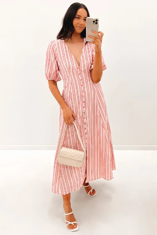 Hudson Midi Dress Pink Stripe Chic Lace Detail Midi Dress