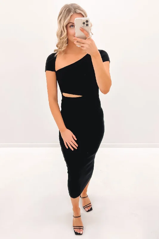 Hugo Midi Dress Black Fashionable High-Low Midi Dress