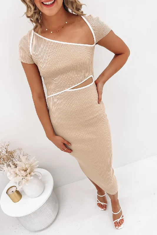 Hugo Midi Dress Cream Stylish Pleated Skirt Midi Dress