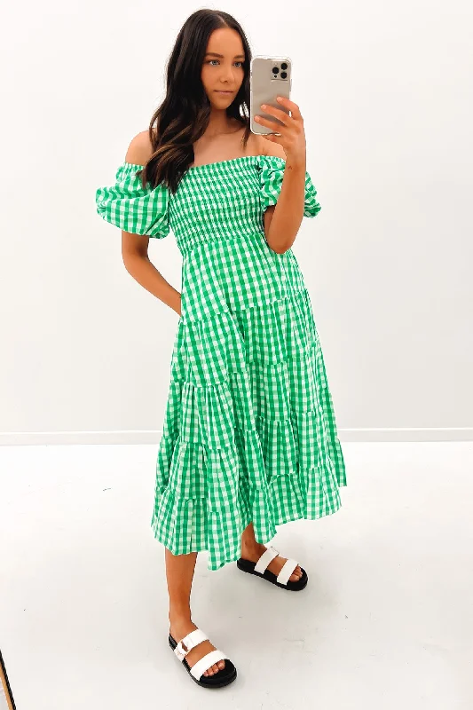 Indy Midi Dress Green Check Trendy Midi Dress with Belt