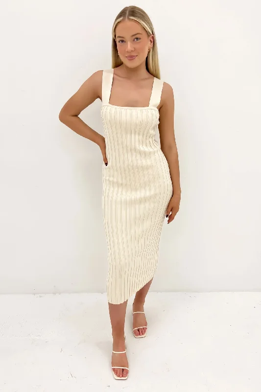 Isabeau Knit Midi Dress Beige Fashionable Polka Dot Midi Dress
