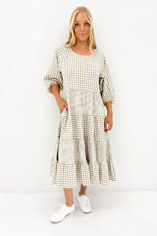 Jada Midi Dress Beige Check Trendy Midi Dress with Belt