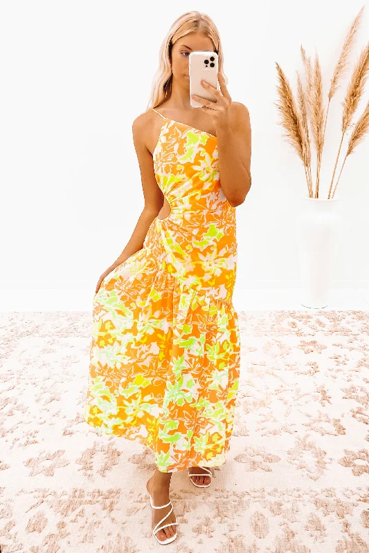 Julien Midi Dress Orange Floral Fashionable Plaid Midi Dress