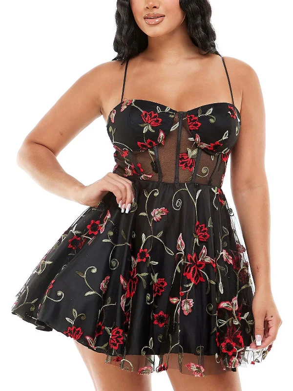 Juniors Womens Embroidered Floral Mini Dress Casual Mini Dress with Pockets
