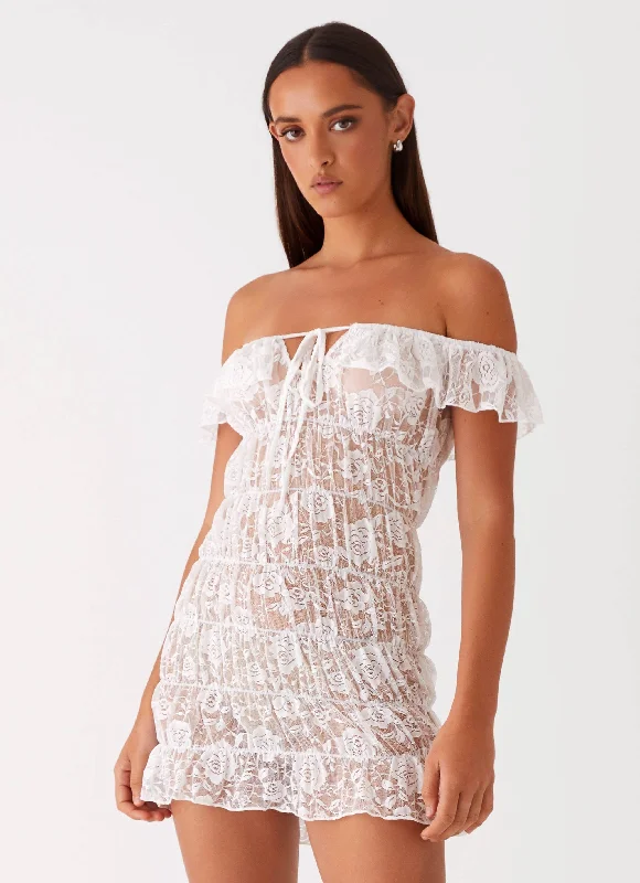 Kathy Ruched Mini Dress - White Cozy Ribbed Mini Dress