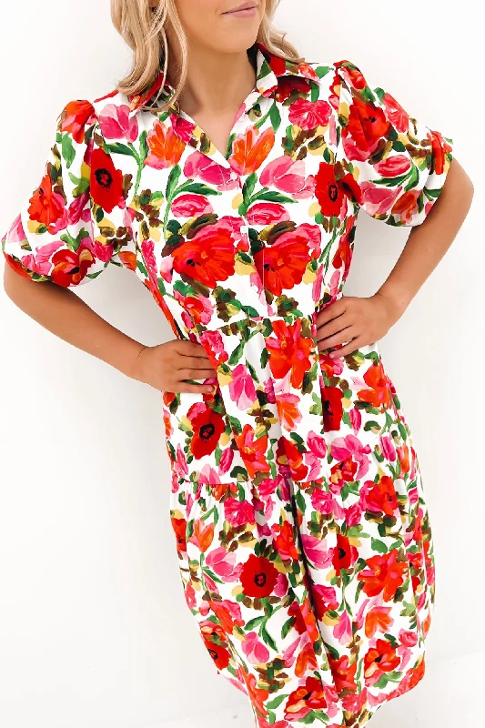 Kaydee Midi Dress White Floral Trendy Boho Midi Dress