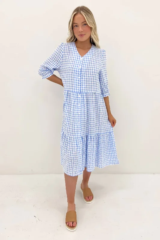 Kaylah Midi Dress Blue Gingham Trendy Square Neck Midi Dress