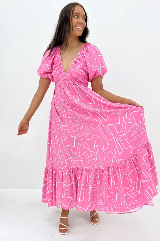 Keira Midi Dress Pink White Comfortable Lace-Up Midi Dress