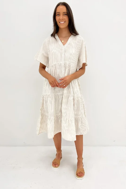 Kelis Midi Dress Latte Stripe Comfortable Lace-Up Midi Dress