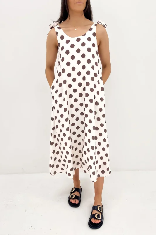Khai Midi Dress Brown Polkadot Fashionable One-Shoulder Midi Dress