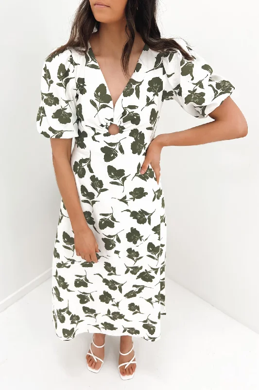 Kiri Midi Dress White Floral Comfortable Button Front Midi Dress