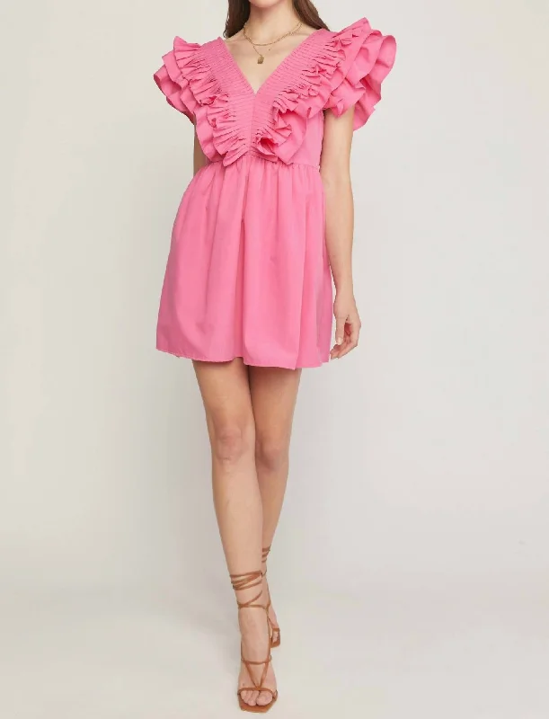 Kristen V-Neck Ruffle Sleeve Mini Dress In Pink Stylish Ruffle Mini Dress