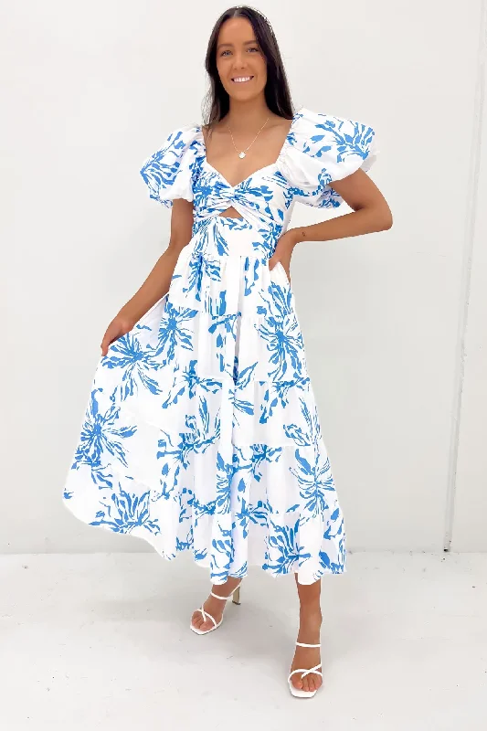 Lana Midi Dress White Blue Elegant Maxi-Midi Hybrid Dress