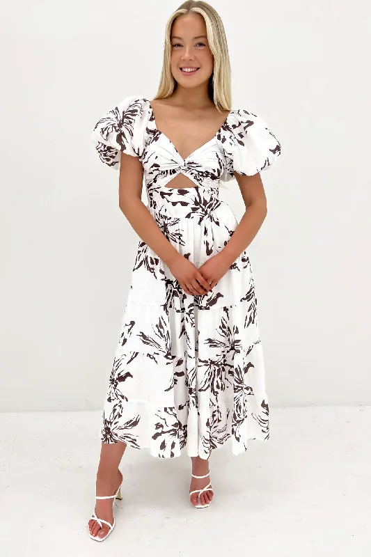 Lana Midi Dress White Brown Elegant Satin Slip Midi Dress