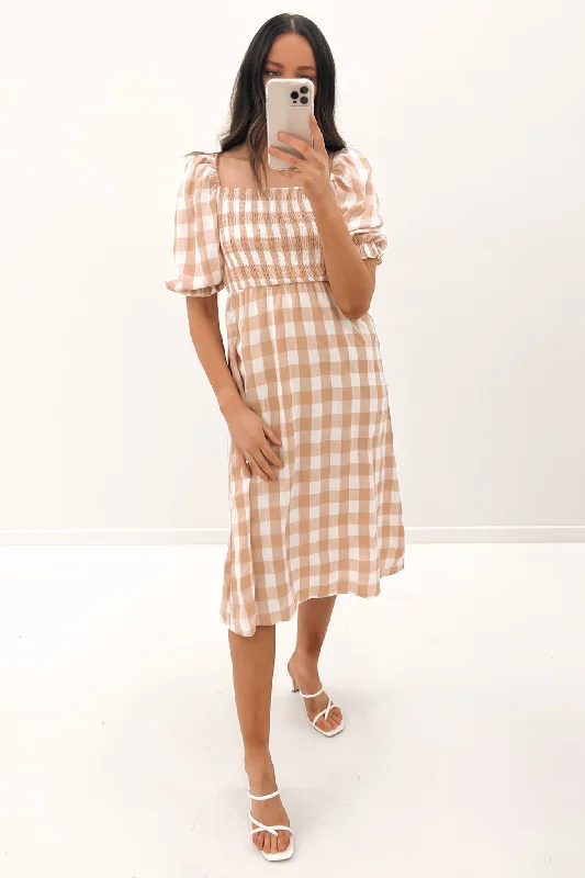 Laylin Midi Dress Beige Check Comfortable Denim Midi Dress