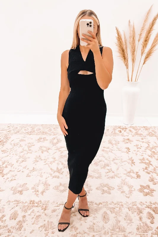 Leora Latice Knit Midi Dress Black Trendy Ruffled Sleeve Midi Dress