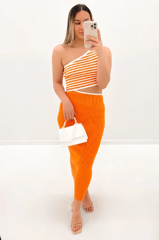 Lilia Midi Dress Orange Trendy Off-Shoulder Button Midi Dress