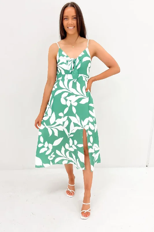 Lilly Midi Dress Green Leaf Elegant Satin Midi Dress