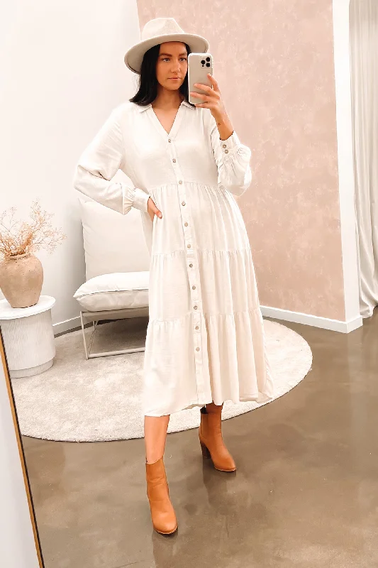 Little Paradise Long Sleeve Midi Dress Beige Cozy A-Line Midi Dress