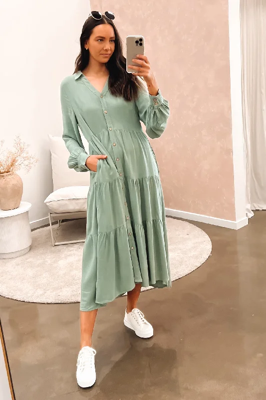 Little Paradise Long Sleeve Midi Dress Sage Trendy Mock Neck Midi Dress