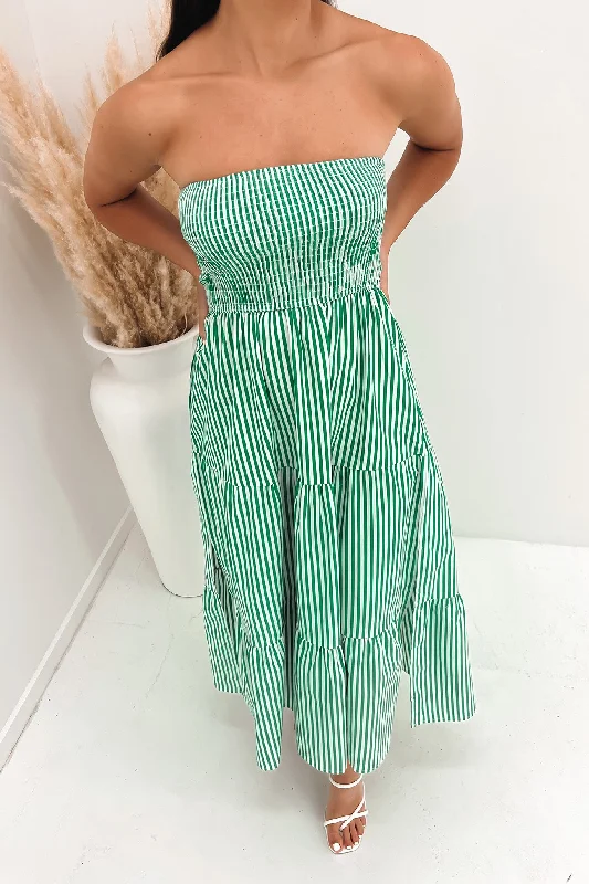 Logan Midi Dress Green Stripe Comfortable Wrap Midi Dress