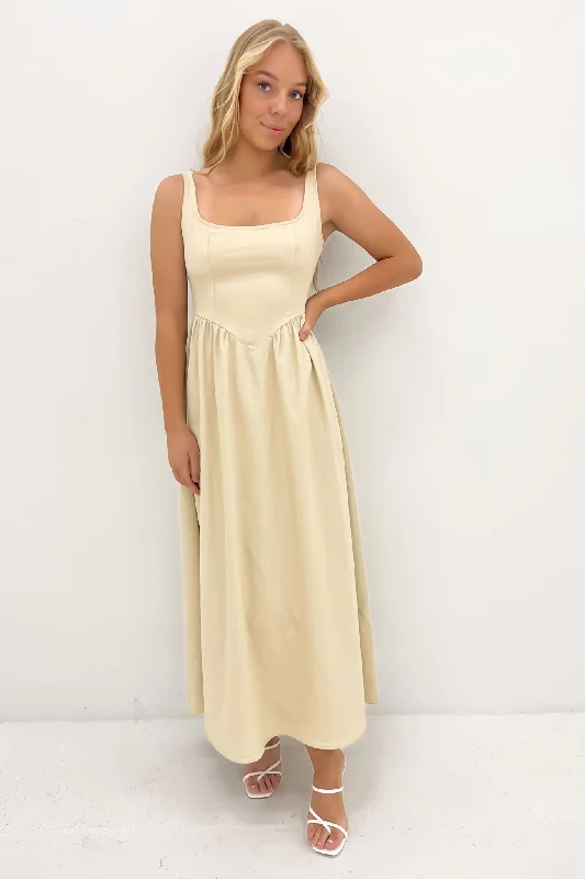 Loren Denim Midi Dress Beige Trendy Off-Shoulder Ruffle Midi Dress