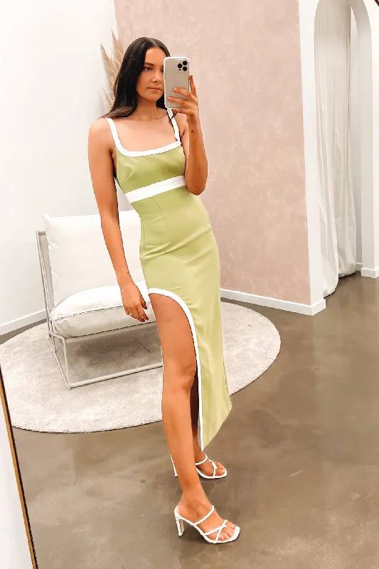 Lori Contrast Split Midi Dress Olive Ivory Stylish Halter Neck Midi Dress