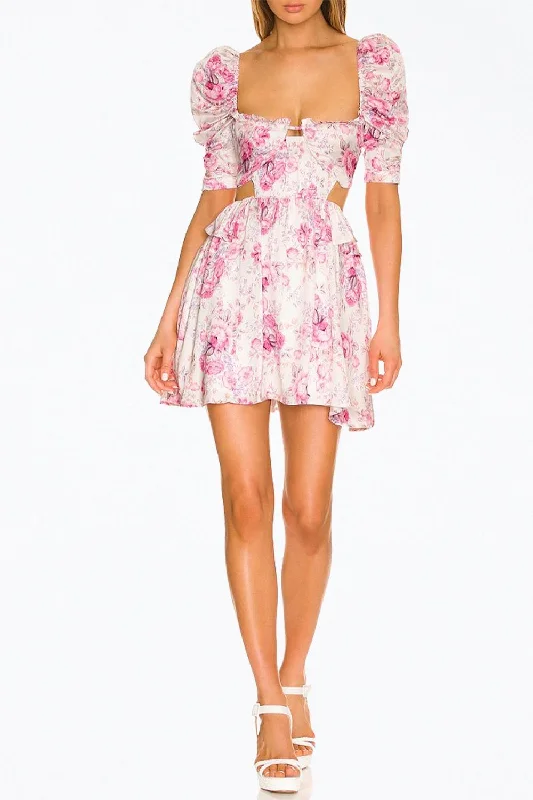 Lucia Cutout Satin Mini Dress in Pink Floral Comfortable Boho Mini Dress