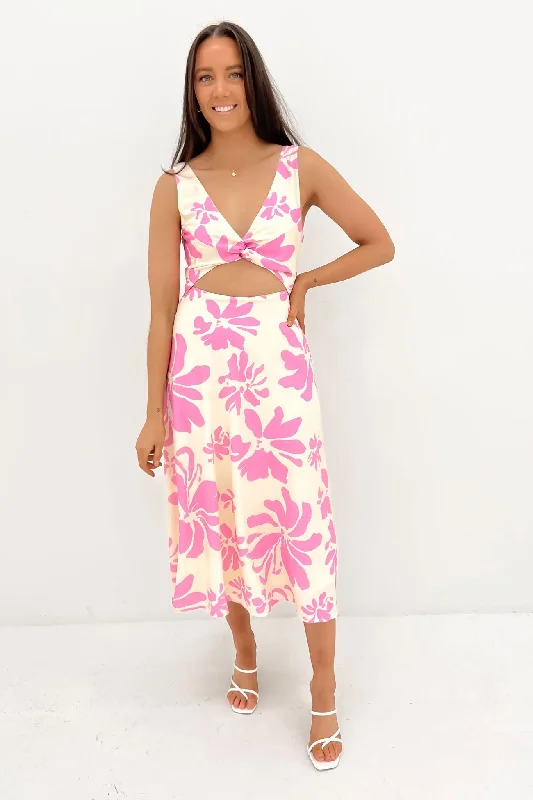 Lukey Midi Dress Pink Hibiscus Stylish Vintage Midi Dress