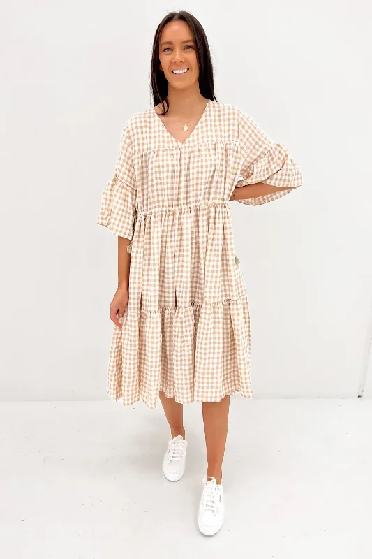 Maceline Midi Dress Beige Gingham Trendy Floral Wrap Midi Dress