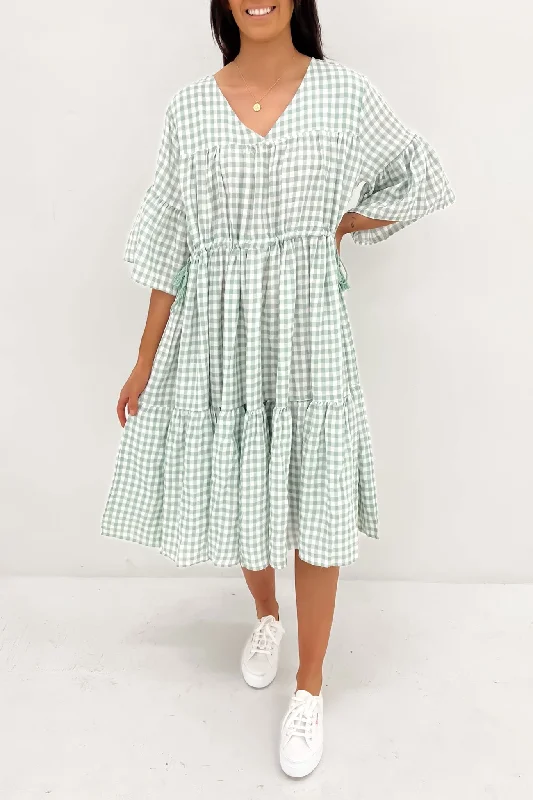 Maceline Midi Dress Sage Gingham Cozy Tie-Dye Midi Dress