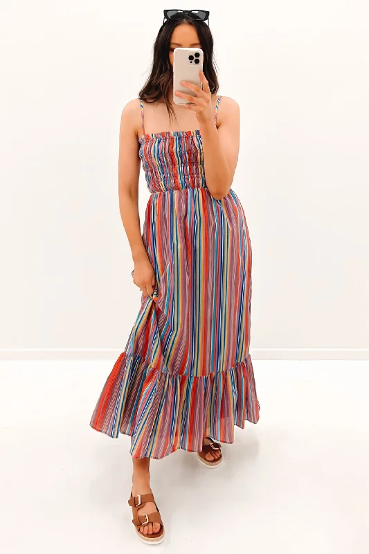 Mariana Midi Dress Multi Stripe Trendy A-Line Midi Dress
