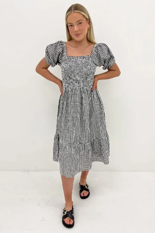 Marlee Midi Dress Black Gingham Trendy Fit-and-Flare Midi Dress