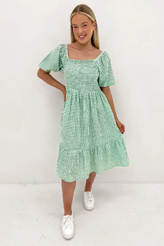 Marlee Midi Dress Green Gingham Stylish Midi Dress with Cuffs