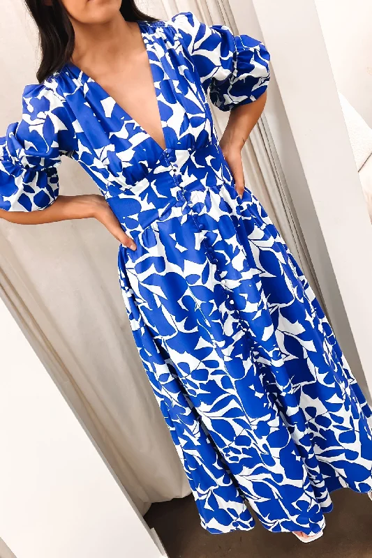 Matilda Midi Dress Blue White Cozy Midi Dress with Pockets