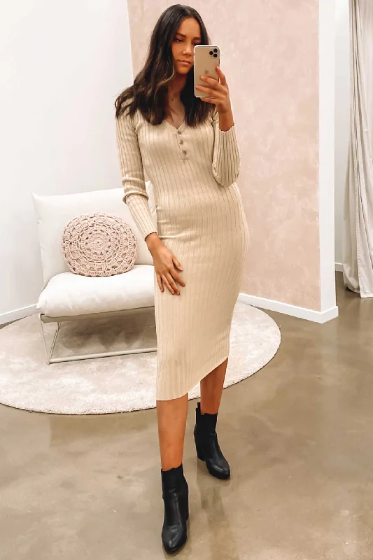 Maylah Midi Dress Oatmeal Elegant V-Neck Midi Dress