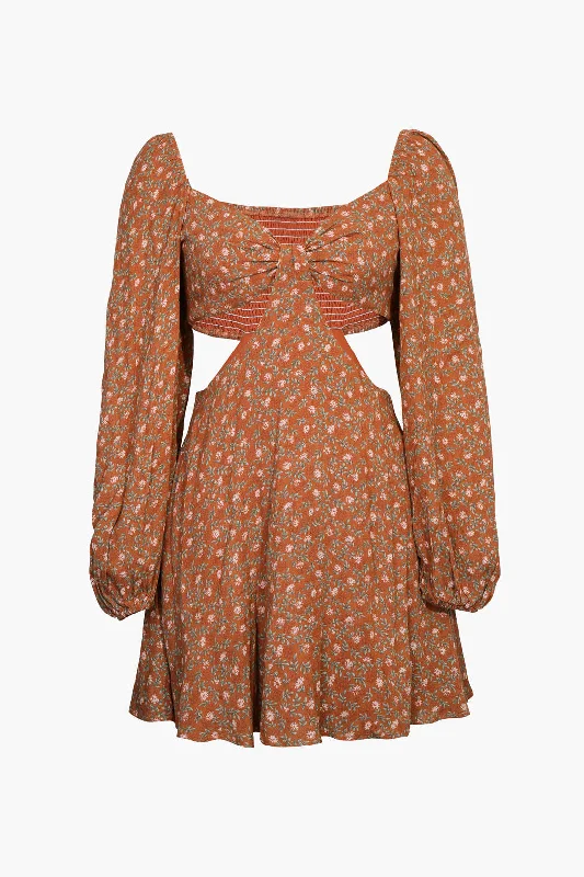 Indie All The Way Cut-Out Floral Mini Dress Elegant Mini Dress with Pleats