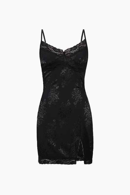 Jacquard Satin Lace Split Mini Dress Classic Striped Mini Dress