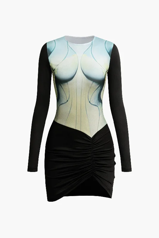 Body Print Round Neck Long Sleeve Ruched Mini Dress Cozy Ribbed Mini Dress